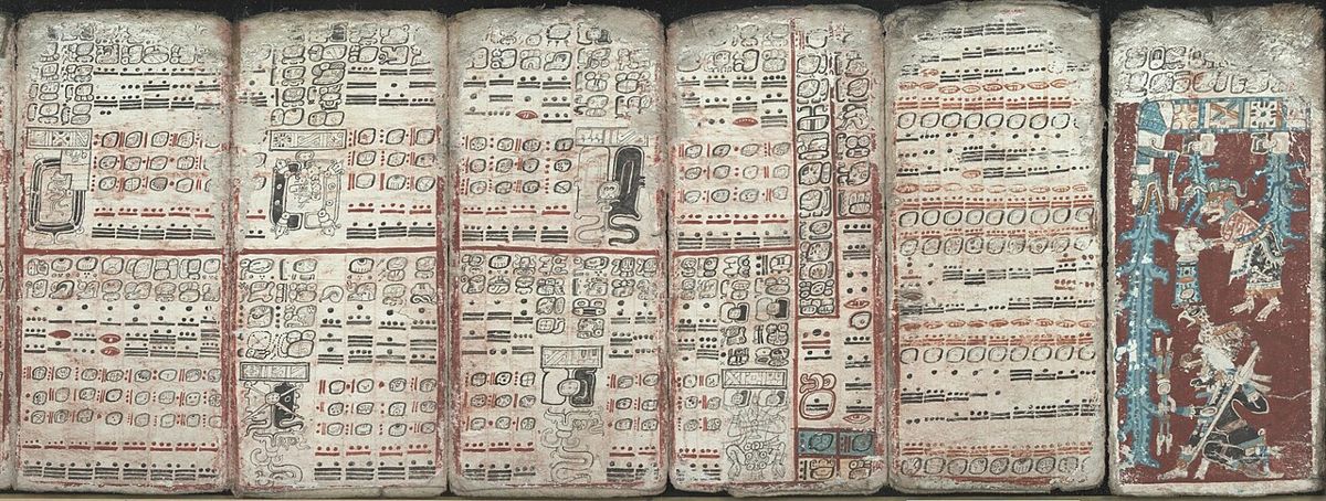 Six leaves of the Dresden Codex with eclipse tables, multiplication tables and a depiction of a flood (right).