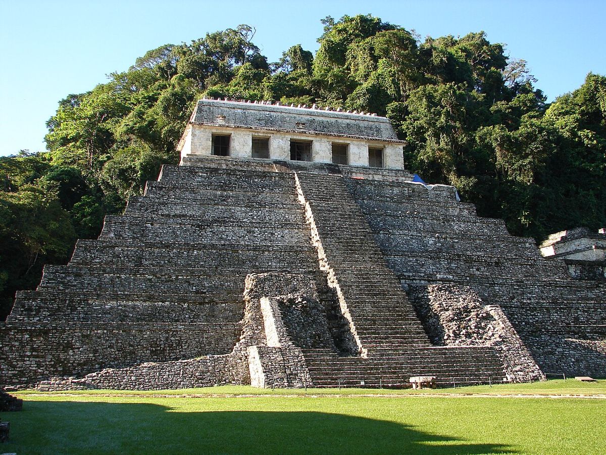 The Temple of the Inscriptions at Palenque (Chiapas, Mexico). It holds one of the longest Maya inscriptions, and deep in the pyramid beneath it lies the tomb of King Pakal.