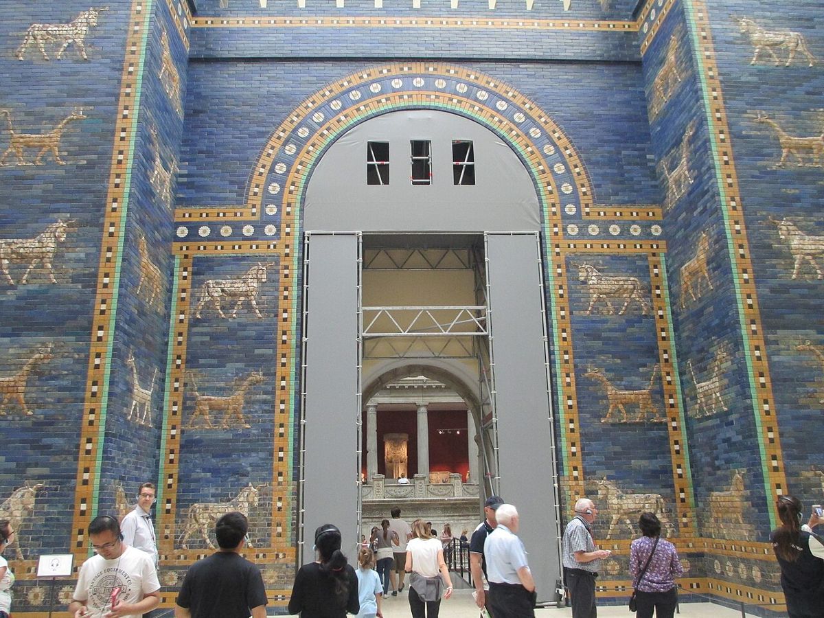 The Ishtar Gate of Babylon, built under Nebuchadnezzar II (6th century BCE), reconstructed in the Pergamon Museum in Berlin.