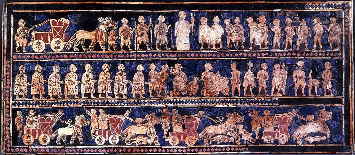 The Standard of Ur, war side (26th century BCE): a mosaic of shell, lapis lazuli and limestone from the Royal Cemetery at Ur. British Museum, London.