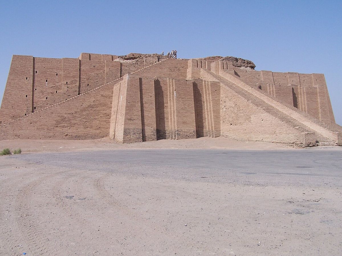 The ziggurat of Ur, built under King Ur-Nammu in the 21st century BCE; the lower stage and stairways are largely reconstructed.