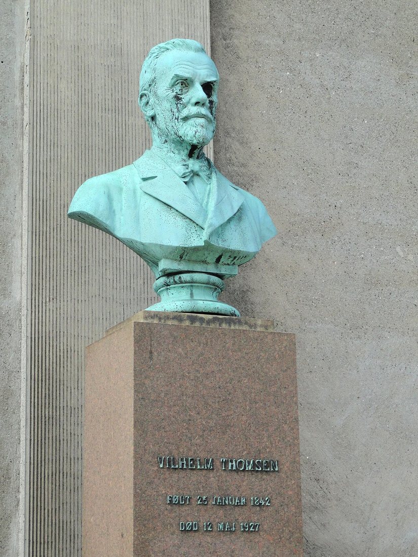 Bronze bust of Vilhelm Thomsen on Frue Plads in Copenhagen.