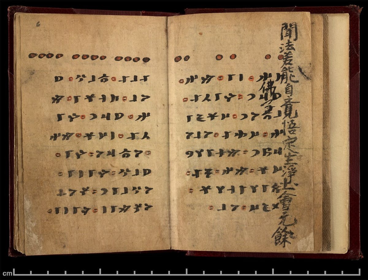 The first two pages of the Irk Bitig text (folios 5b and 6a). The lines run from right to left, with words divided by red circles. British Library, London (Or.8212/161).