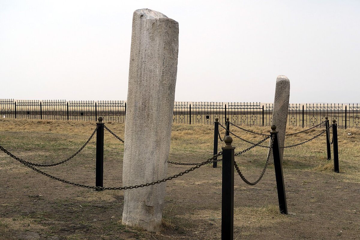 The two steles of the Tonyukuk inscription at Bayn Tsokto near Nalaikh, not far from Ulaanbaatar.