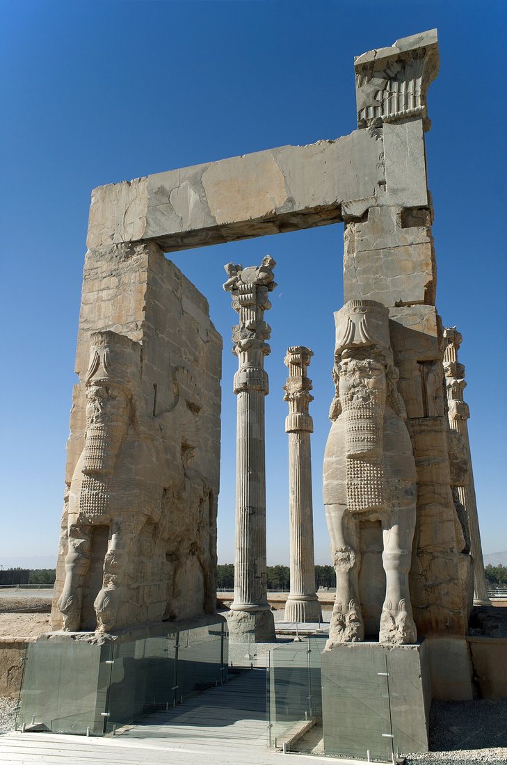 The Gate of All Nations at Persepolis, built under Xerxes I (reigned 486–465 BCE). The entrance is guarded by winged human-headed bulls, and the gate bears a trilingual inscription of Xerxes.