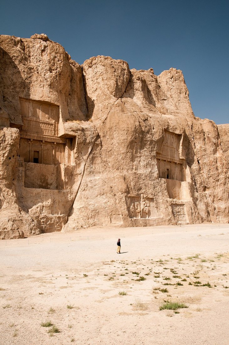 Two of the four rock-cut tombs of Achaemenid kings at Naqsh-e Rostam near Persepolis. Below the tombs are reliefs of Sasanian kings.