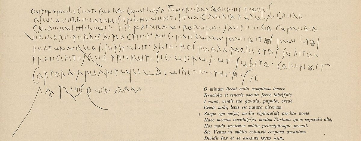 A love poem scratched on a wall in Pompeii (CIL IV 5296), found in 1888. Above, a drawing of the cursive graffito; below, its transcription, both from the supplement to volume IV of the Corpus Inscriptionum Latinarum. The poem begins O VTINAM LICEAT COLLO COMPLEXA TENERE.