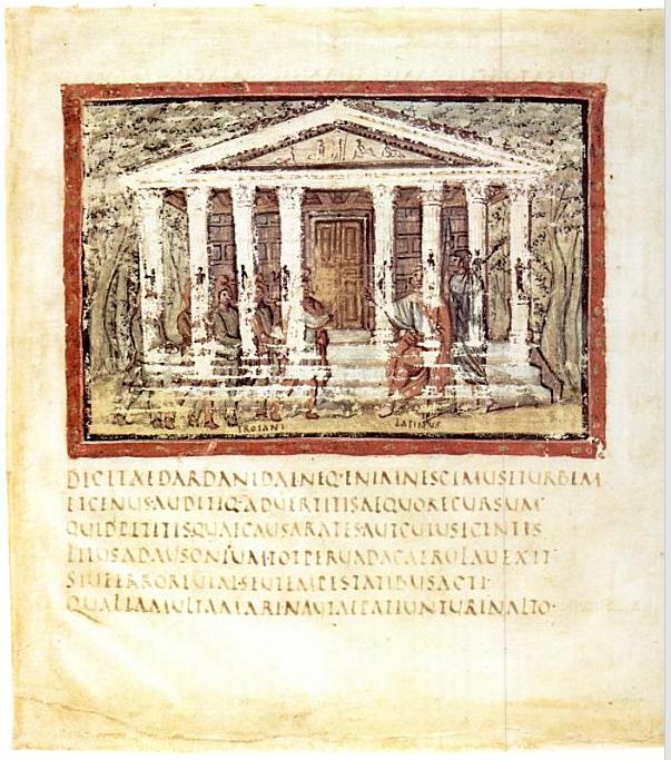 Folio 60v of the Vergilius Vaticanus (Vatican Apostolic Library, Vat. lat. 3225), Rome, c. 400: the Trojan envoys (TROIANI) before King Latinus (LATINVS), from Book 7 of the Aeneid. The text below the picture is written in rustic capitals.