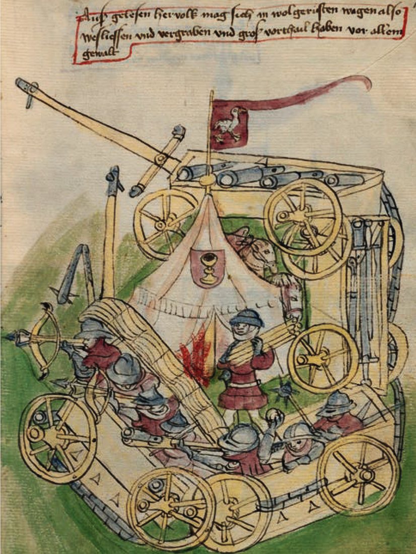 A Hussite wagon fort: a chalice on the tent, a white bird (perhaps a goose) on the banner, crossbows and firearms on the wagons. Drawing from a military manuscript of about 1437, Austrian National Library, Vienna (Cod. 3062).