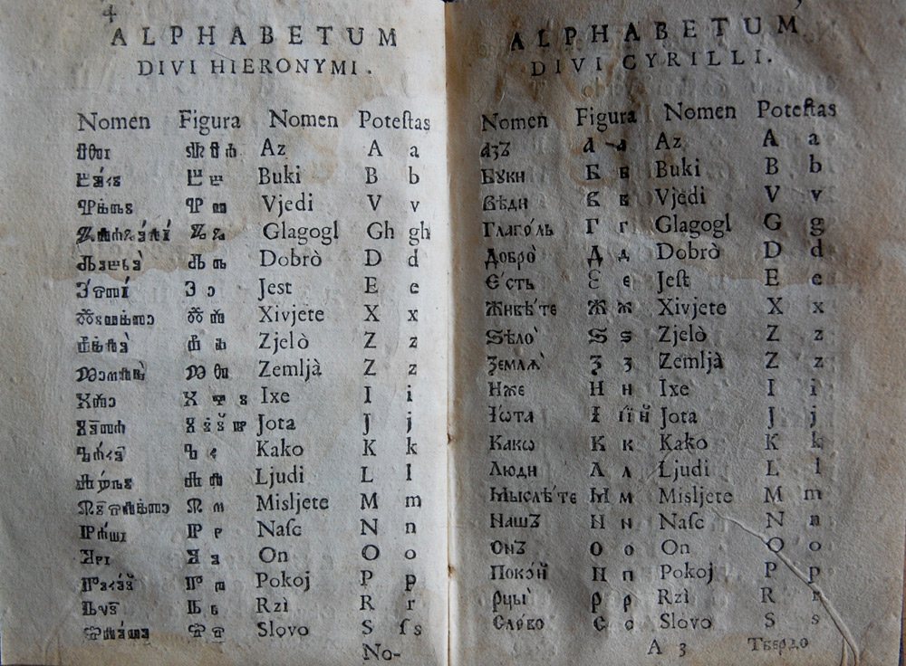 A primer printed in Rome in 1753 (edited by Matej Karaman). On the left the Glagolitic ‘alphabet of Saint Jerome’, on the right the Cyrillic ‘alphabet of Saint Cyril’; each letter is given with its Old Church Slavonic name (Az, Buki, Vjedi, Glagogl, Dobro…) and its Latin value.