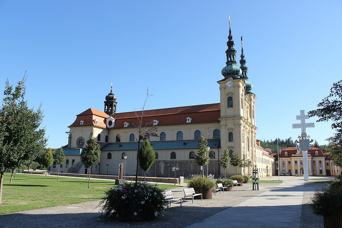 The Basilica of the Assumption of the Virgin Mary and Saints Cyril and Methodius at Velehrad. The Cistercian monastery here was founded in 1205; the site is traditionally linked with the Great Moravian past of nearby Staré Město and is the main place of pilgrimage in honour of Cyril and Methodius.