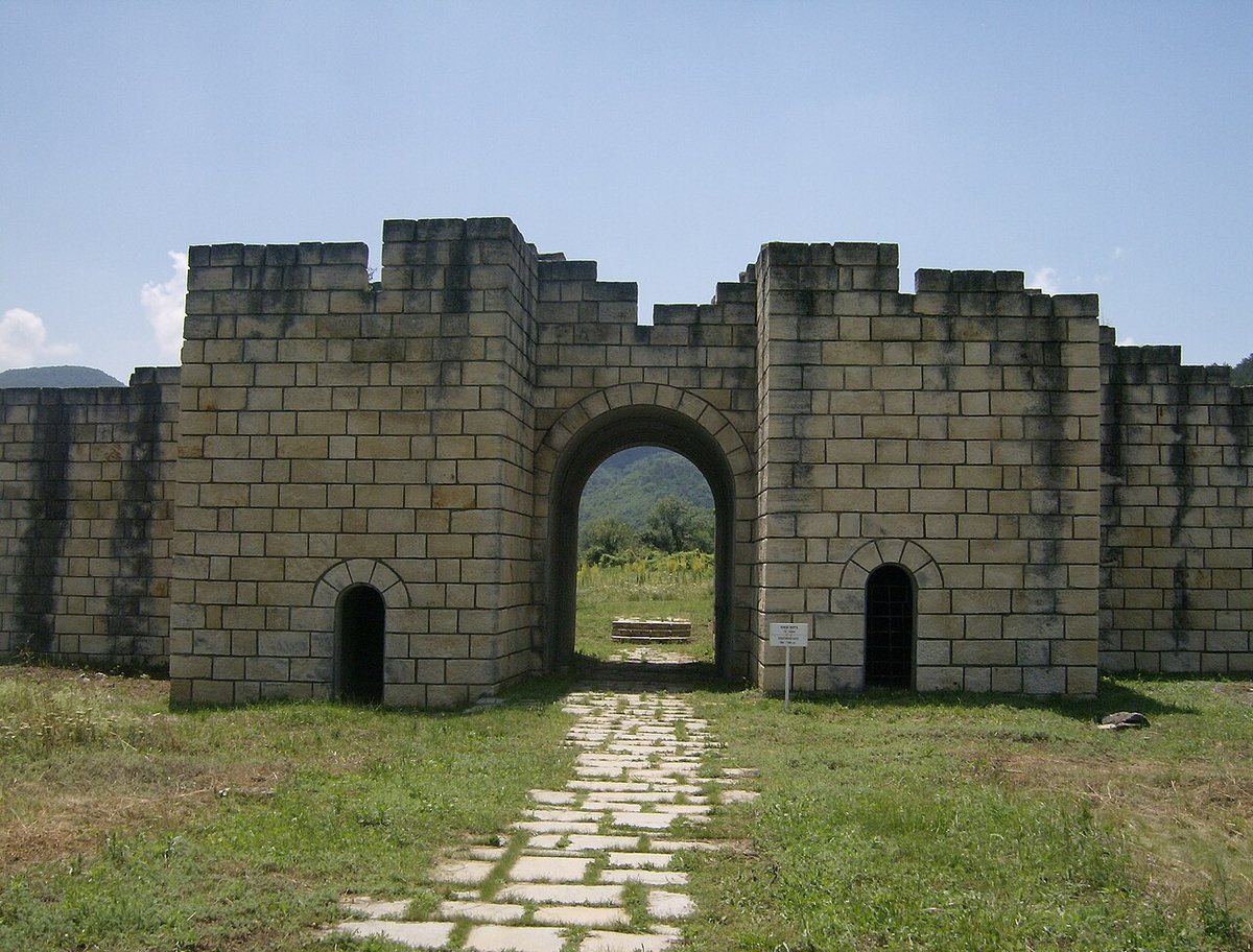 A gate in the walls of Preslav (Veliki Preslav), the capital of Bulgaria from 893; much of what stands today is restored. Preslav was home to the literary school where Cyrillic took shape.