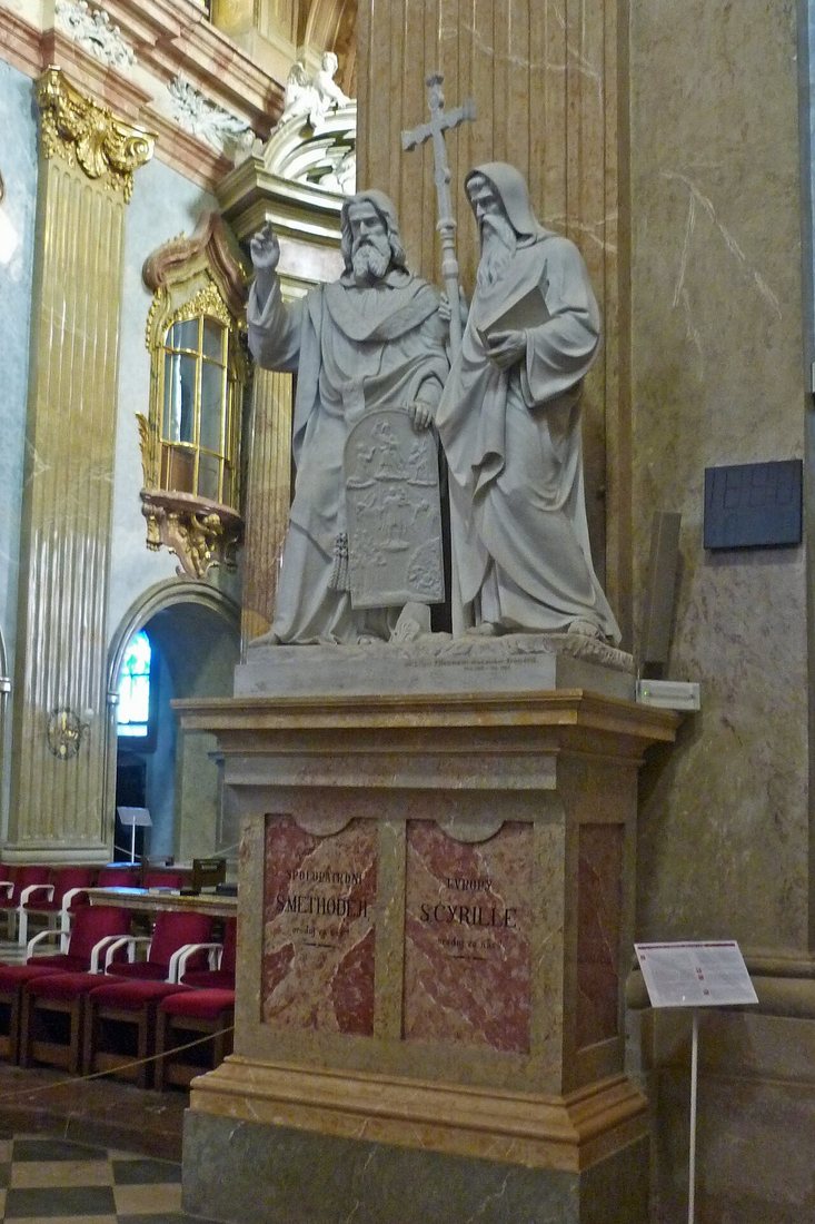 Statues of Cyril and Methodius in the basilica at Velehrad. The inscription on the pedestal addresses them as co-patrons of Europe, as Pope John Paul II proclaimed them in 1980.