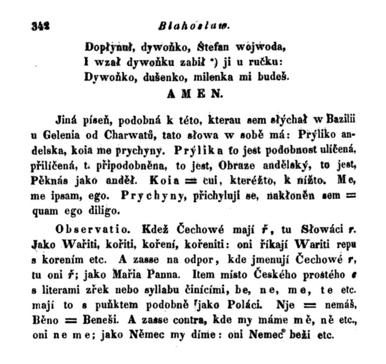 Page 342 of the same edition. Here Blahoslav notes differences between Czech and Slovak: “Where the Czechs have ř, the Slovaks have r” – a Czech says vařiti, koření, a Slovak variti (repu s korením, “turnip with spice”).
