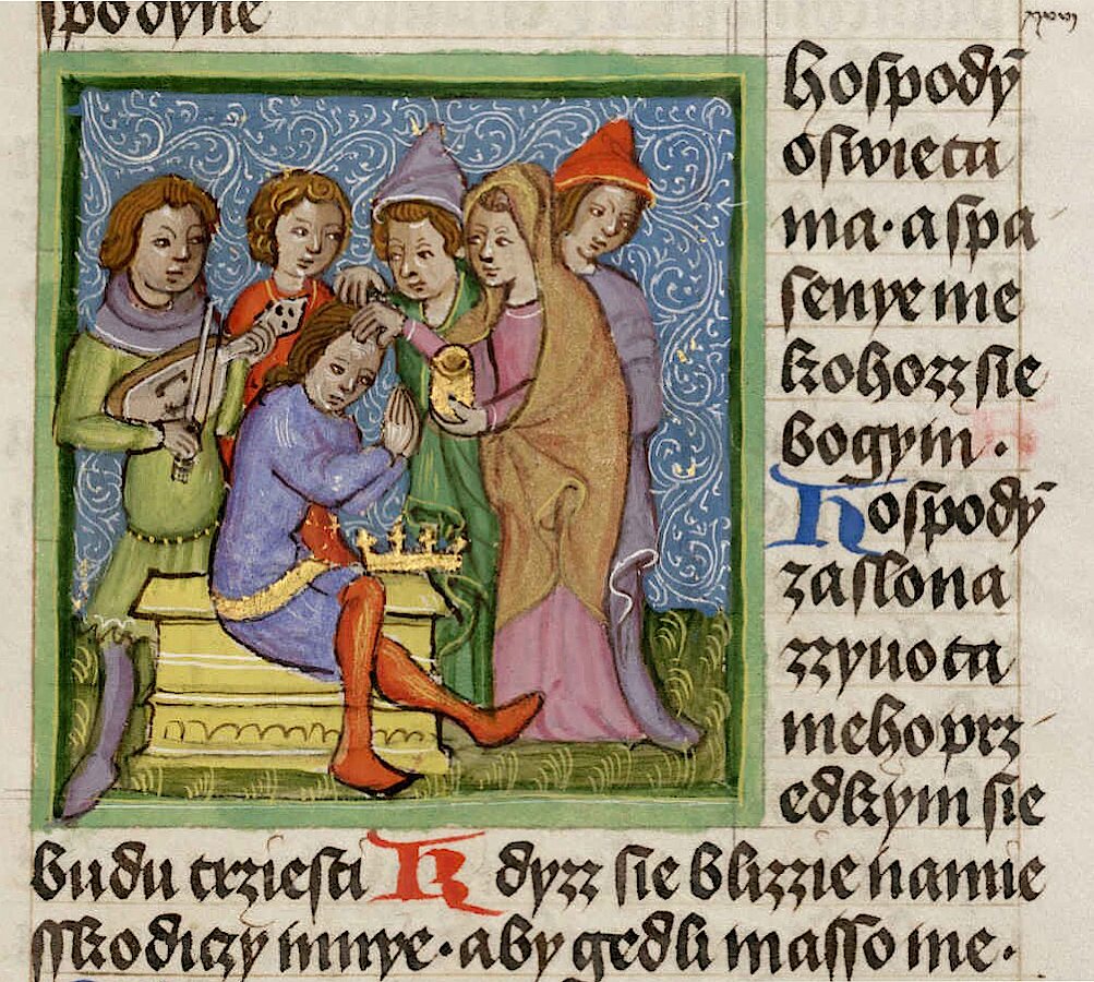 The anointing of David as king in the miniature opening Psalm 27 (26 in the Vulgate), from the first volume of the Olomouc Bible, 1417. The Czech text is written in the digraph spelling: przed kym “before whom”, kdyzz “when”, gedli “(that they might) eat” (today před kým, když, jedli).