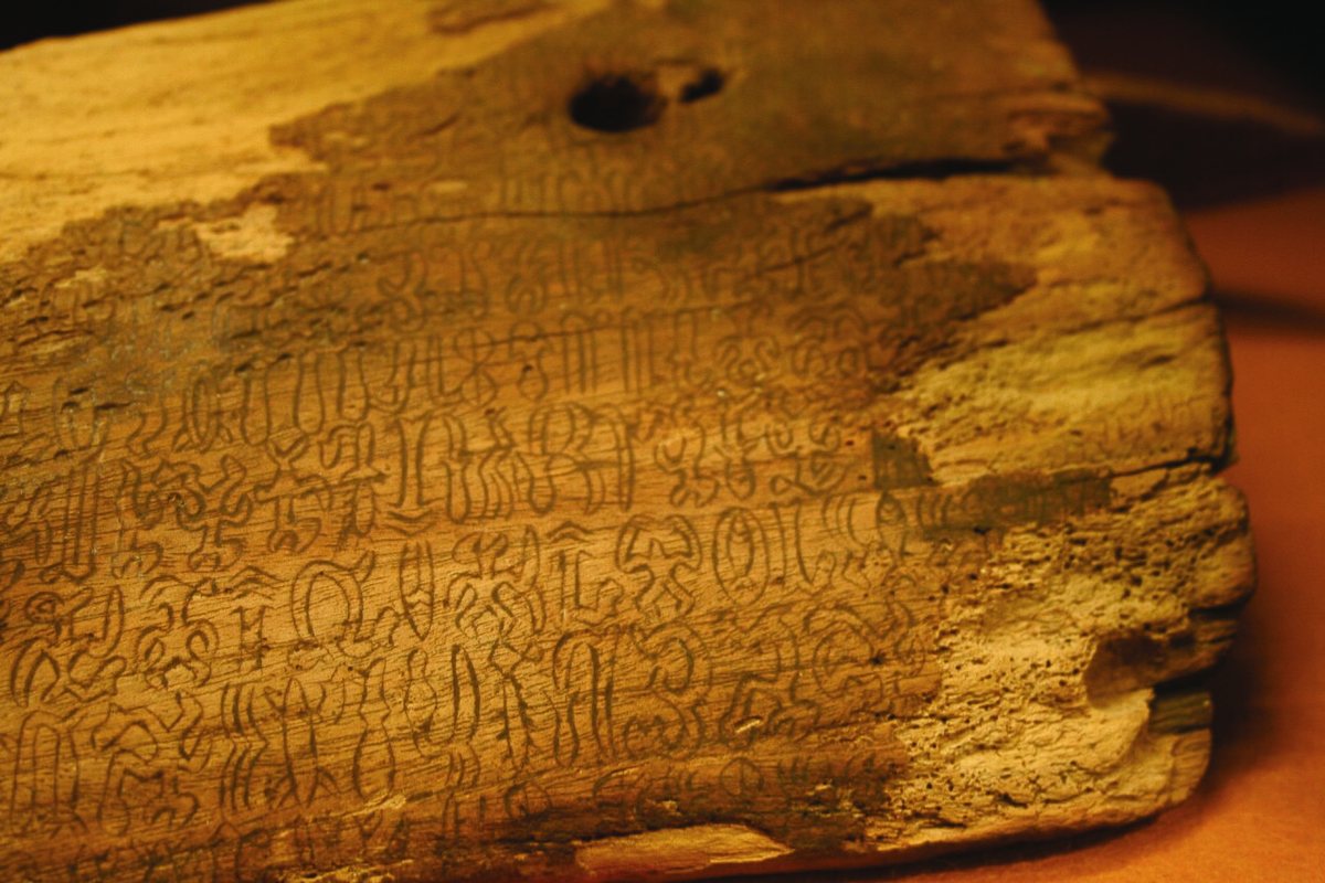 Tablet T, a wooden tablet from Easter Island inscribed in rongorongo. Bishop Museum, Honolulu.